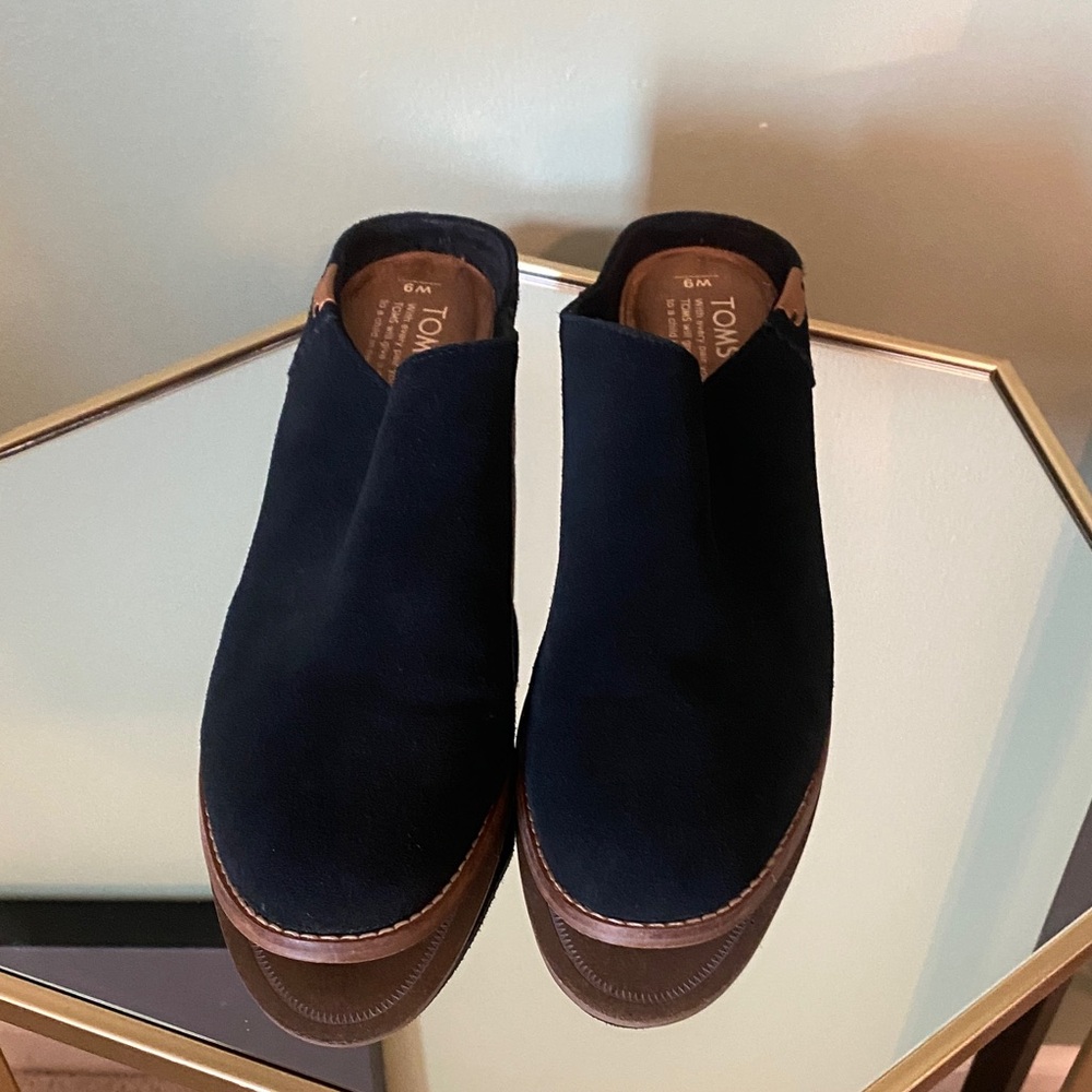 TOMS Black Suede Clogs with Wooden Heel - Picture 2 of 9